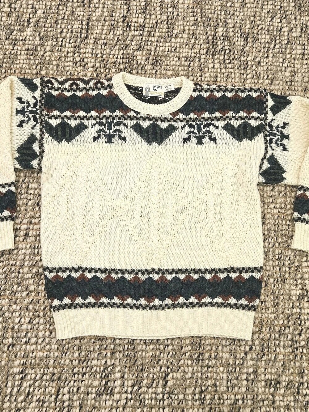 Vintage 80s London Fog Fair Isle Cable Knit Sweater Cream Men's Size XL